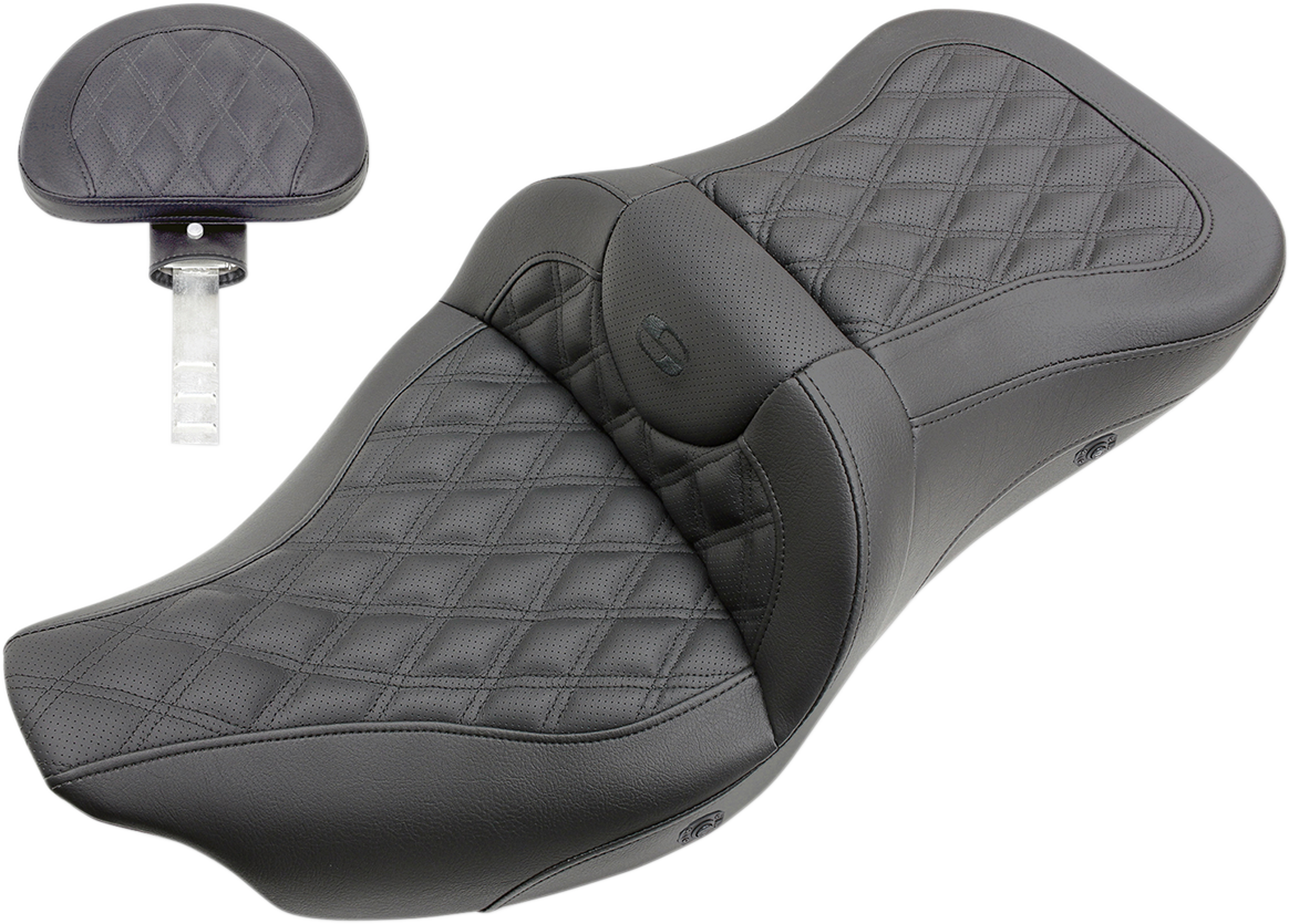 SADDLEMEN Roadsofa™ Seat - Heated - Full Lattice Stitch - with Backrest - Black - FL '09-'24 808-07B-182TBRH