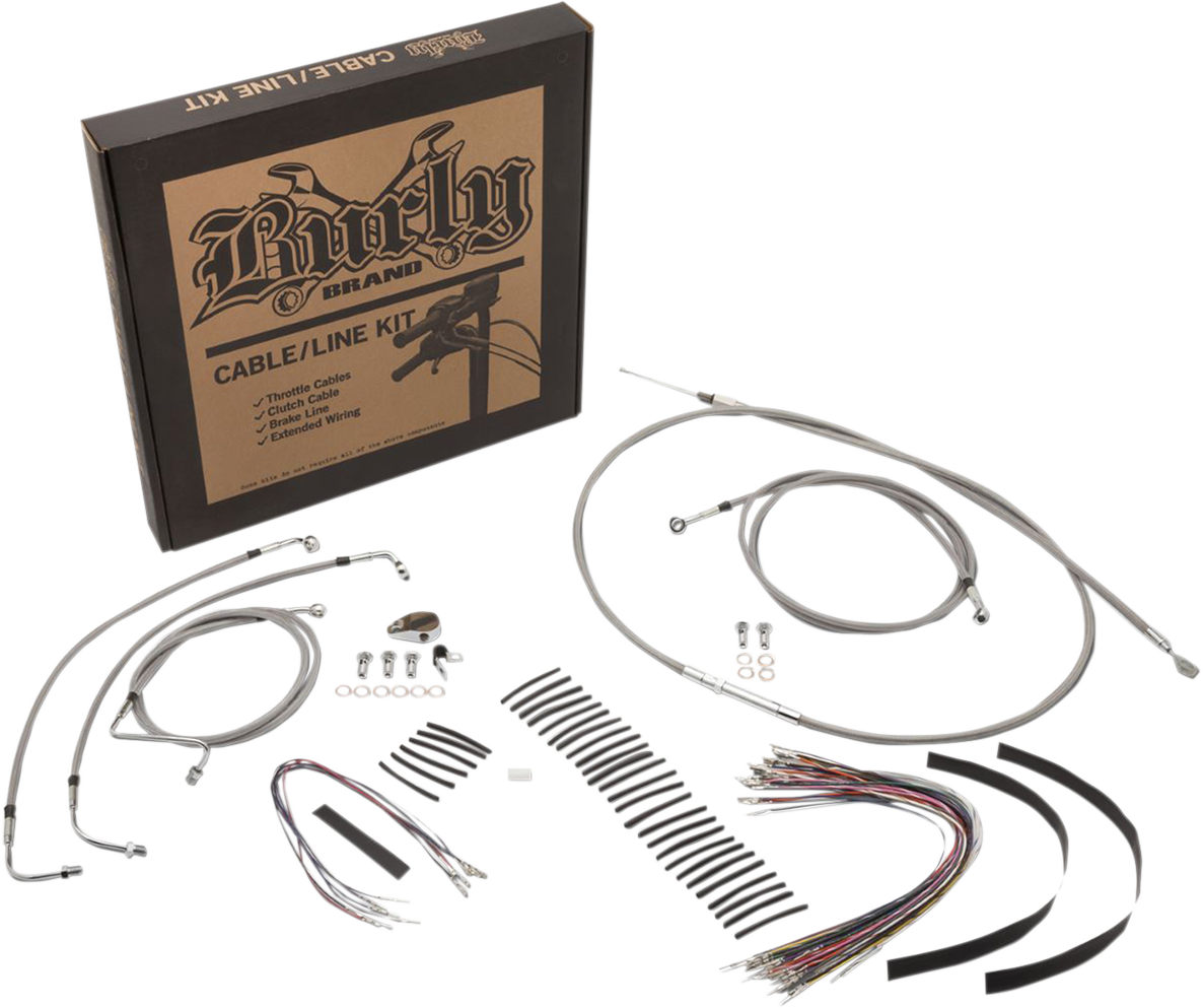 BURLY BRAND Complete Stainless Braided Handlebar Cable/Brake Line Kit - 15" Ape Hangers - '17-'20 Touring/Trike B30-1233