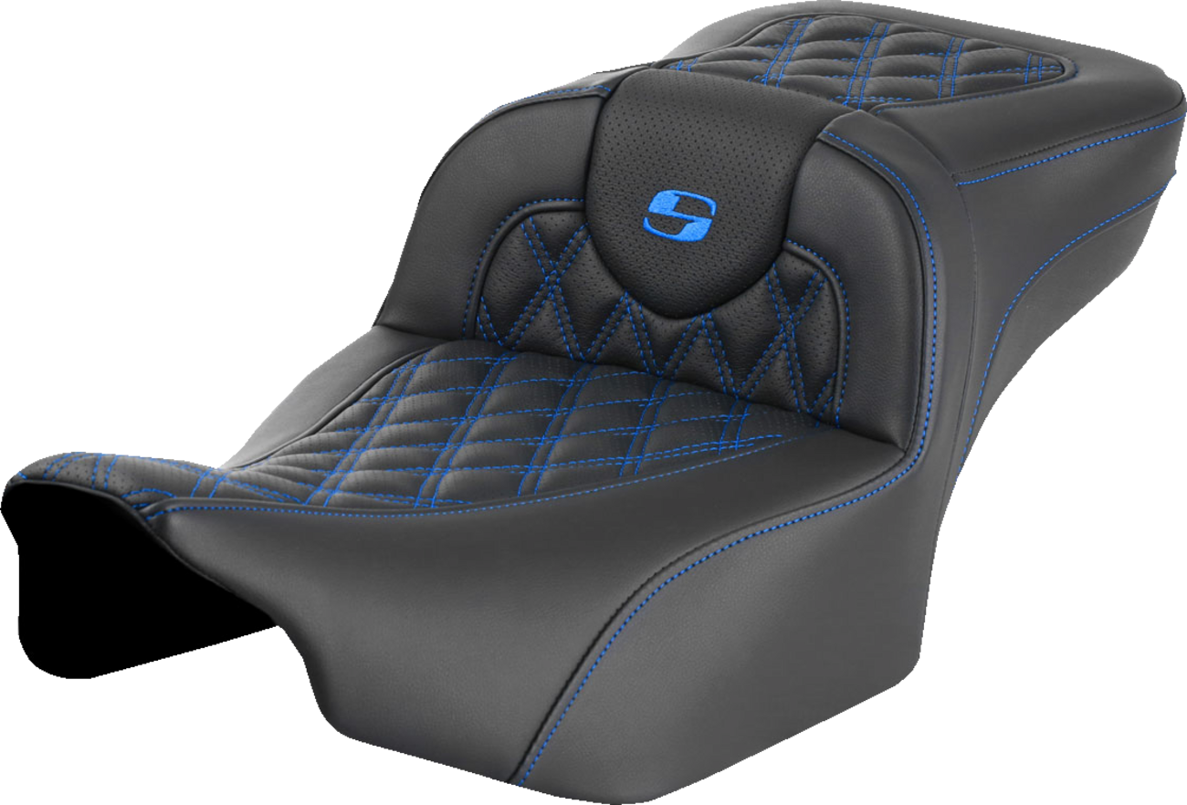 SADDLEMEN Roadsofa™ Extended Reach Seat - without Backrest - Lattice Stitch - Blue Stitch - FLTR/FLHX '23-'24 823-07-18401