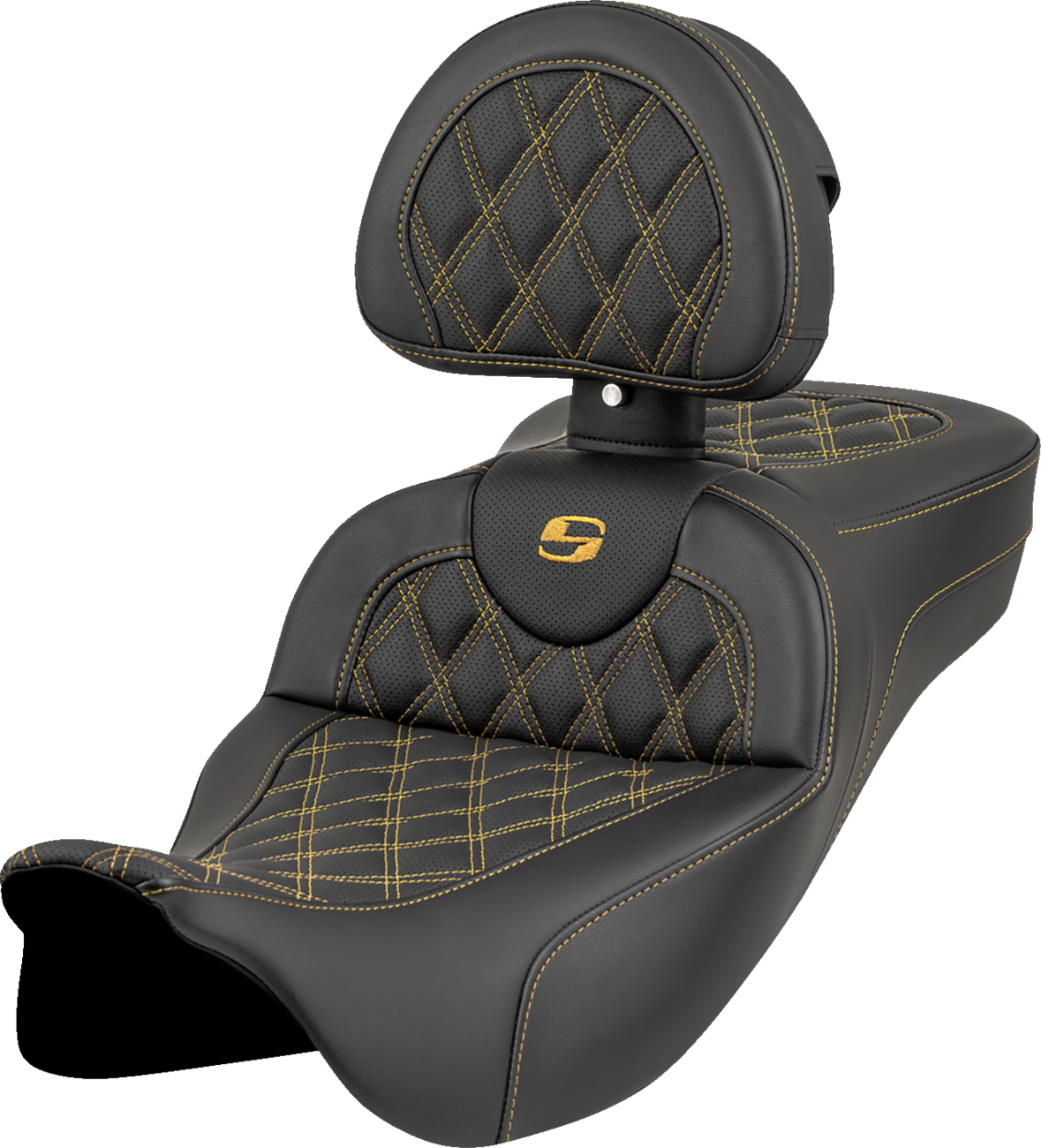 SADDLEMEN Roadsofa™ Extended Reach Seat - Lattice Stitch - Gold Stitch - with Backrest - FL '08-'23 808-07B-184B7