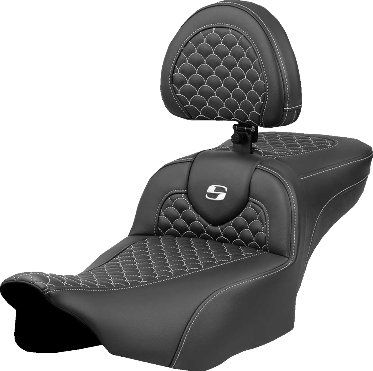 SADDLEMEN Roadsofa™ Extended Reach Seat - Dragon Scale Stitch - White Stitch - w/ Backrest - FLTR/FLHX '23-'24 823-07-209B6