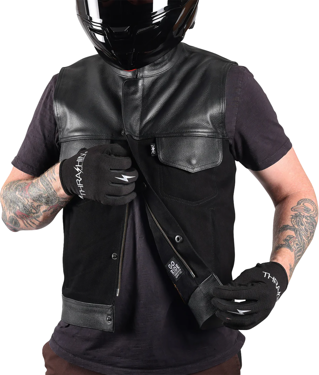 THRASHIN SUPPLY CO. Kanan Leather/Denim Riding Vest - Black - Medium TMJ-13-09