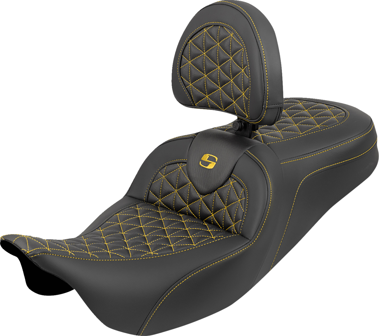 SADDLEMEN RoadSofa™ Tri Gripper Seat - Standard Reach - Gold Stitch - w/ Backrest - FLH/FLT '08-'25 808-07B-210B7