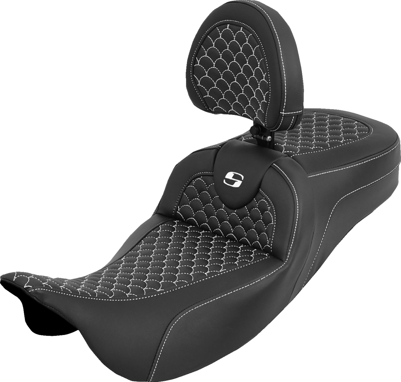 SADDLEMEN Extended Reach Roadsofa™ Seat - Dragon Scale - White Stitch - with Backrest - Touring '08-'25 808-07B-209B6