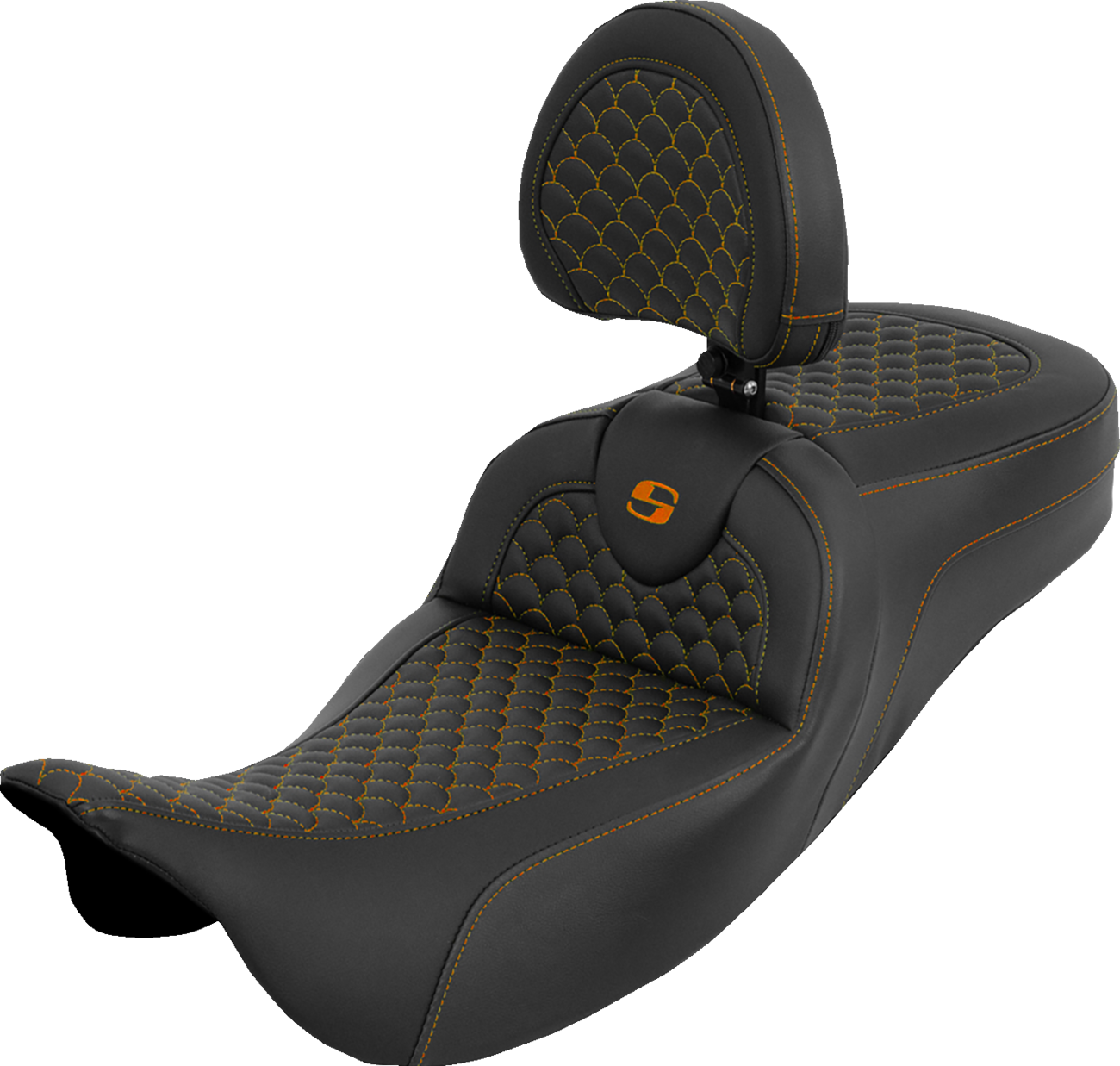 SADDLEMEN Extended Reach Roadsofa™ Seat - Dragon Scale - Orange Stitch - with Backrest - Touring '08-'25 808-07B-209B3