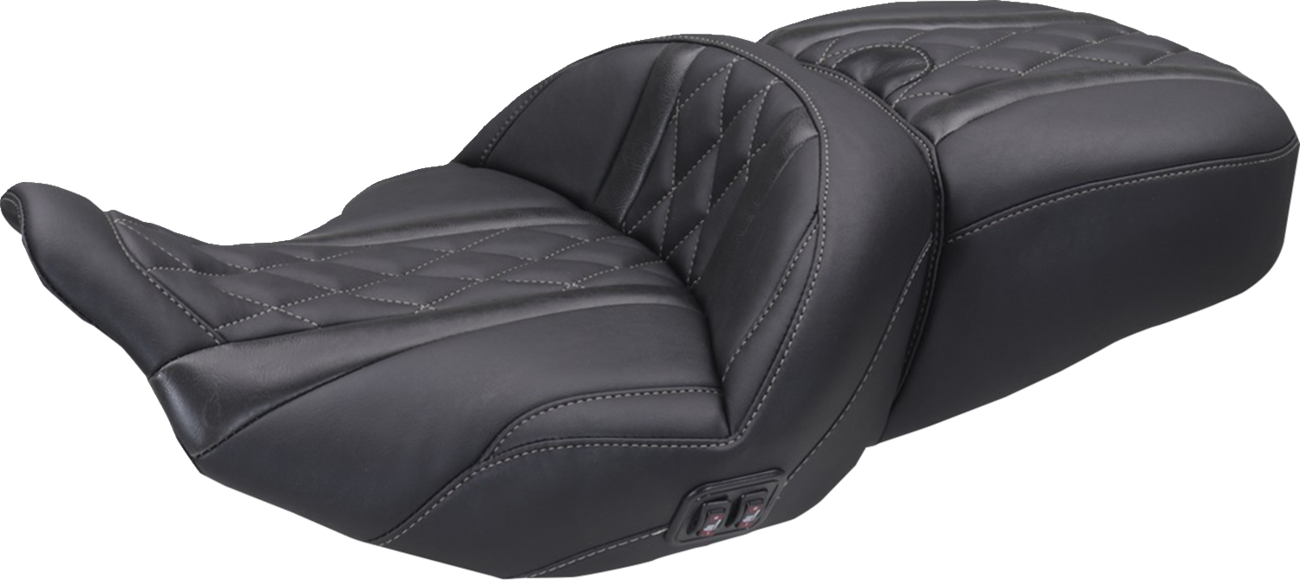 MUSTANG Heated Super Touring One Piece 2-Up Seat - Deluxe Diamond - Gun Metal Stitch - FLT/FLH '23-'26 89410GM