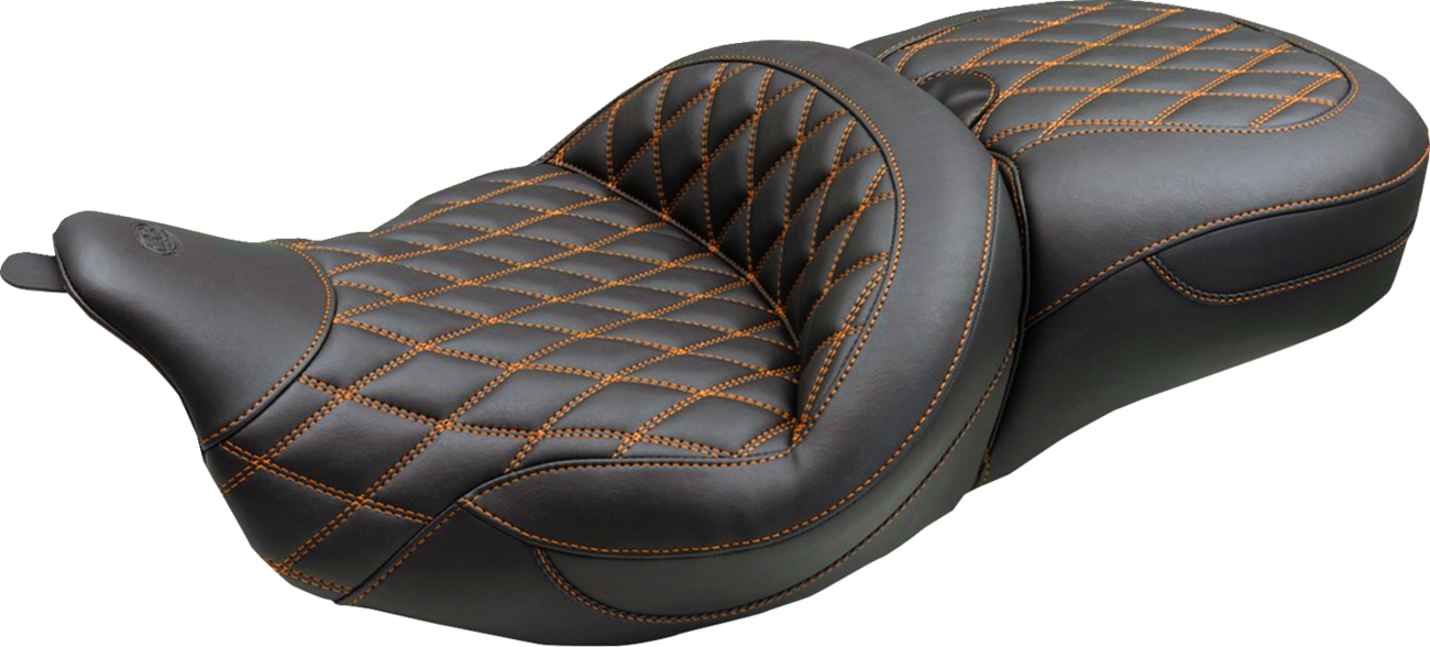 MUSTANG Super Touring Seat - Double Diamond - Mandarin Orange Stitch FLH/FLT '08-'25 89538MO