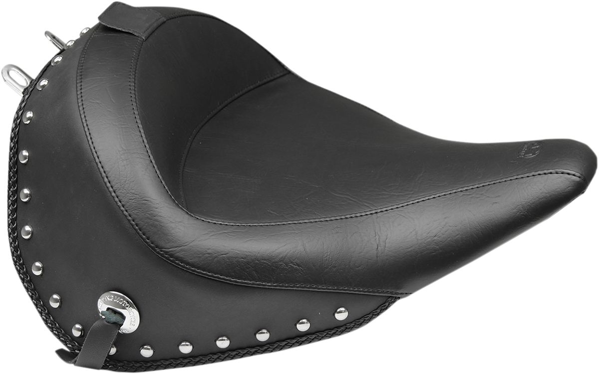 MUSTANG Wide Solo Seat - With Backrest - Black - Studded w/ Concho - FLSTC '16-'17 79915