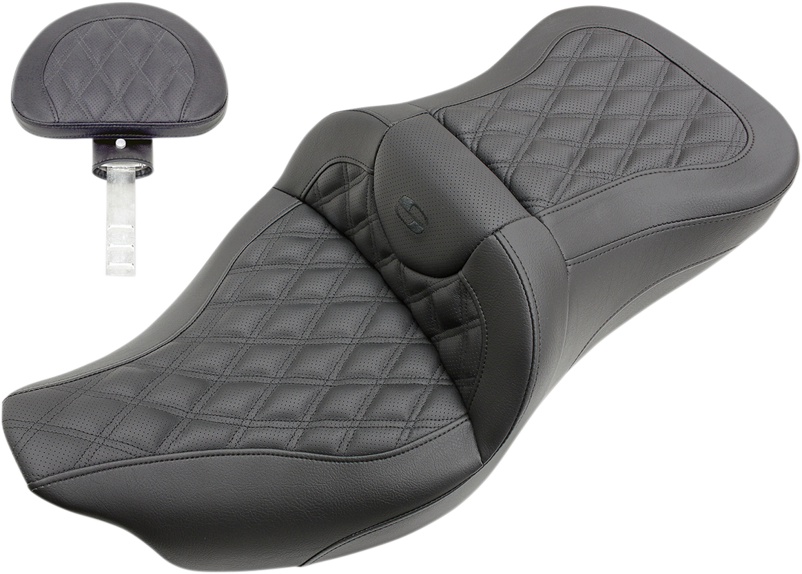 SADDLEMEN Roadsofa™ Seat - Full Lattice Stitch - with Backrest - Black - FL '09-'24 808-07B-182TBR