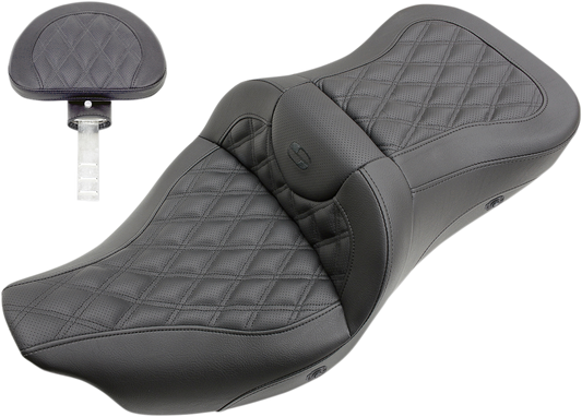 SADDLEMEN Roadsofa™ Seat - Heated - Full Lattice Stitch - with Backrest - Black - FL '09-'24 808-07B-182TBRH
