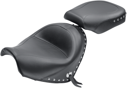 MUSTANG Seat - Wide - Touring - Without Backrest - Two-Piece - Chrome Studded - Black w/Conchos - Suzuki 76060