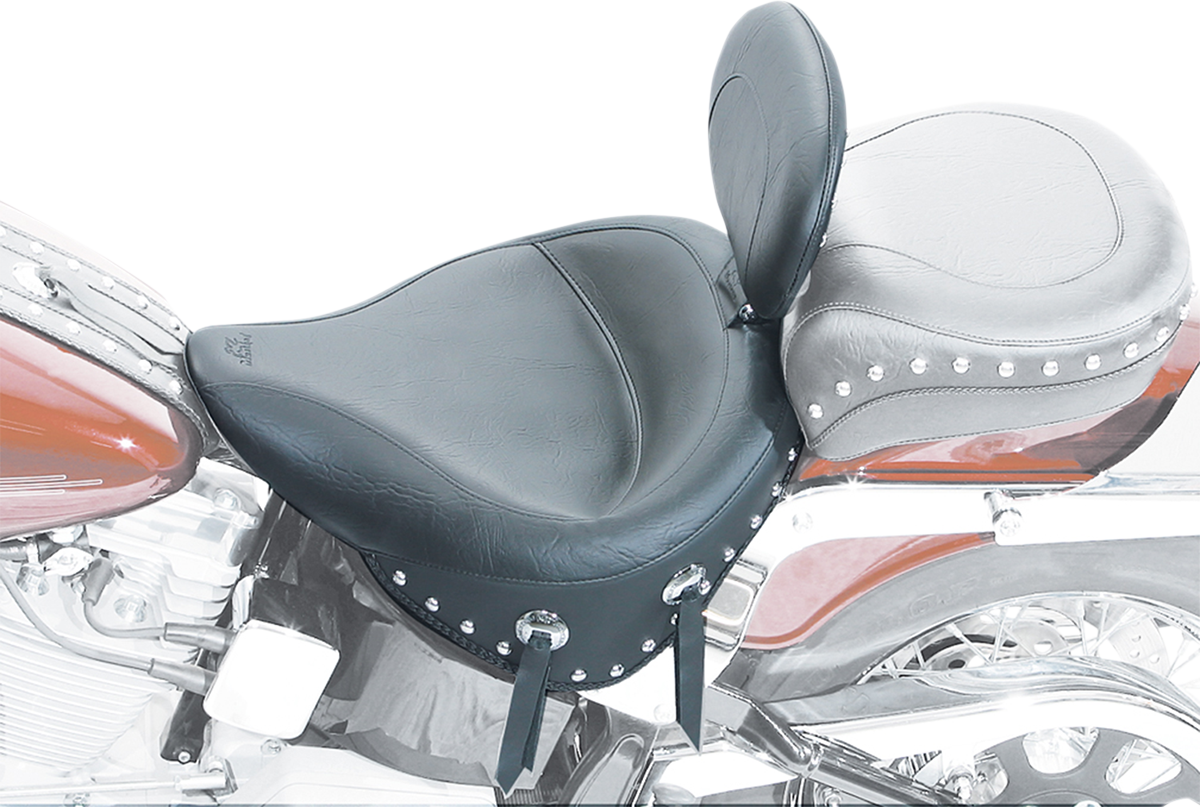 MUSTANG Wide Solo Seat - With Backrest - Black - Studded w/ Concho - Softail '84-'99 79104