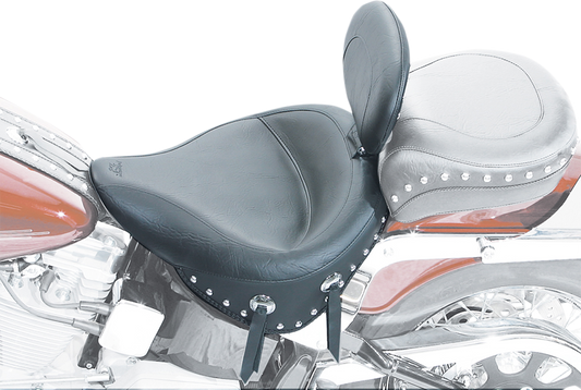 MUSTANG Wide Solo Seat - With Backrest - Black - Studded w/ Concho - Softail '84-'99 79104