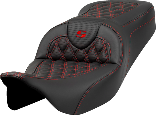 SADDLEMEN Roadsofa™ Seat - Lattice Stitch - Red Stitch - without Backrest - FLH/FLT '08-'23 808-07B-18204