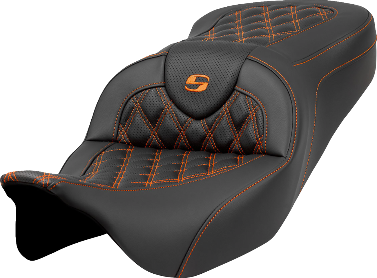 SADDLEMEN Roadsofa™ Seat - Lattice Stitch - Orange Stitch - without Backrest - FLH/FLT '08-'23 808-07B-18203
