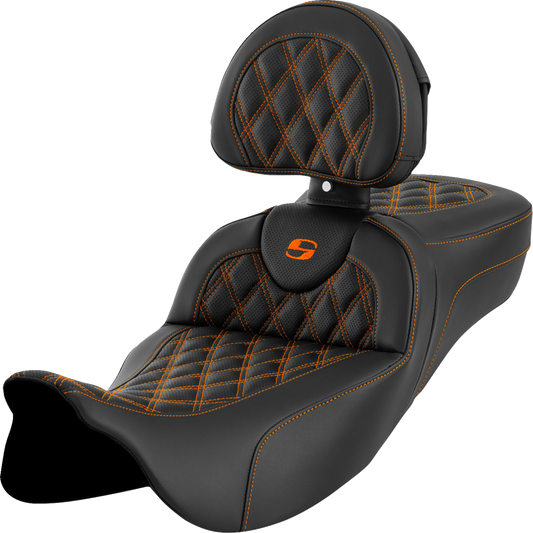 SADDLEMEN Roadsofa™ Extended Reach Seat - Lattice Stitch - Orange Stitch - with Backrest - FL '08-'24 808-07B-184B3
