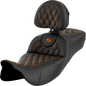 SADDLEMEN Roadsofa™ Extended Reach Seat - Lattice Stitch - Orange Stitch - with Backrest - FL '08-'24 808-07B-184B3
