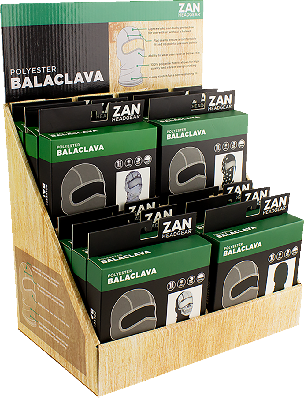 ZAN Headgear Poly Balaclava Display Pack (12 Pack) - Part Number DISPF-ZBPBS