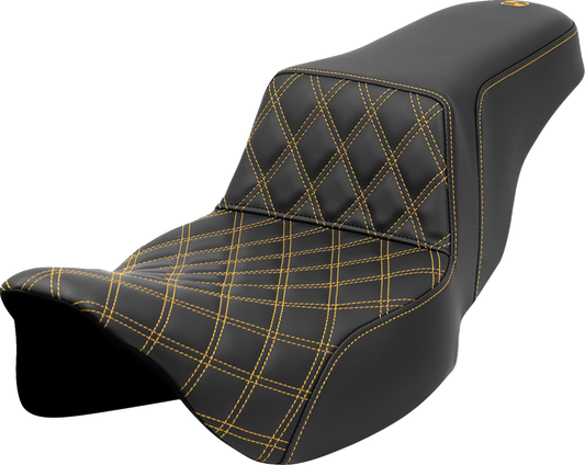 SADDLEMEN Step-Up Seat - Front Lattice Stitch - Gold Stitch - Extended Reach - FLH/FLT '08-'23 808-07E-17207