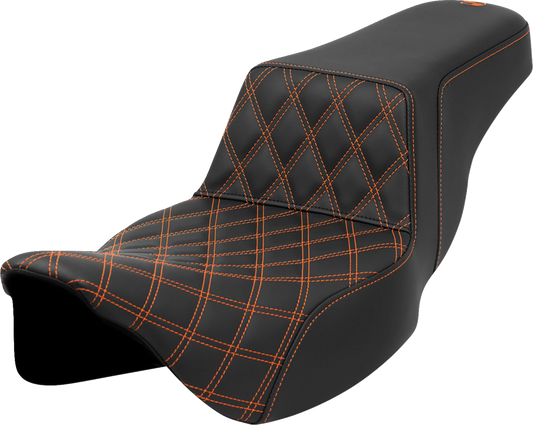 SADDLEMEN Step-Up Seat - Front Lattice Stitch - Orange Stitch - Extended Reach - FLH/FLT '08-'23 808-07E-17203