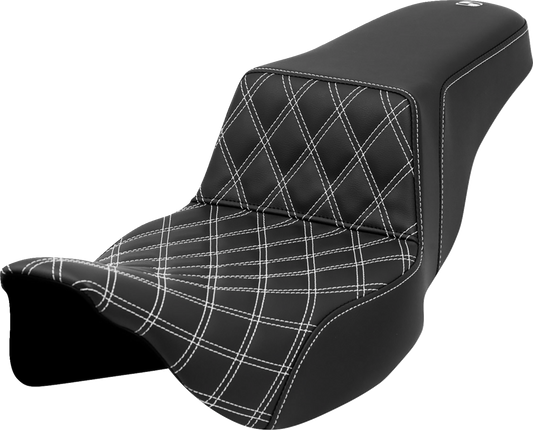 SADDLEMEN Step-Up Seat - Front Lattice Stitch - White Stitch - Extended Reach - FLH/FLT '08-'23 808-07E-17206