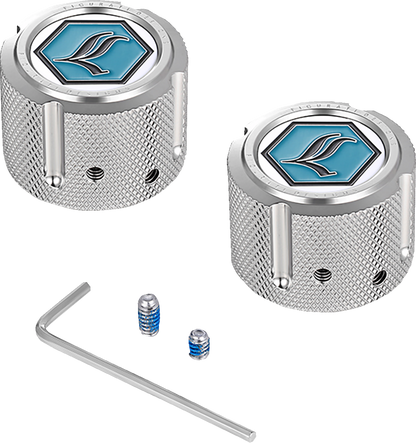 FIGURATI DESIGNS Axle Nut Cover - Front Stainless Steel with Legends Suspension Logo - Model FD02-FAC-SS
