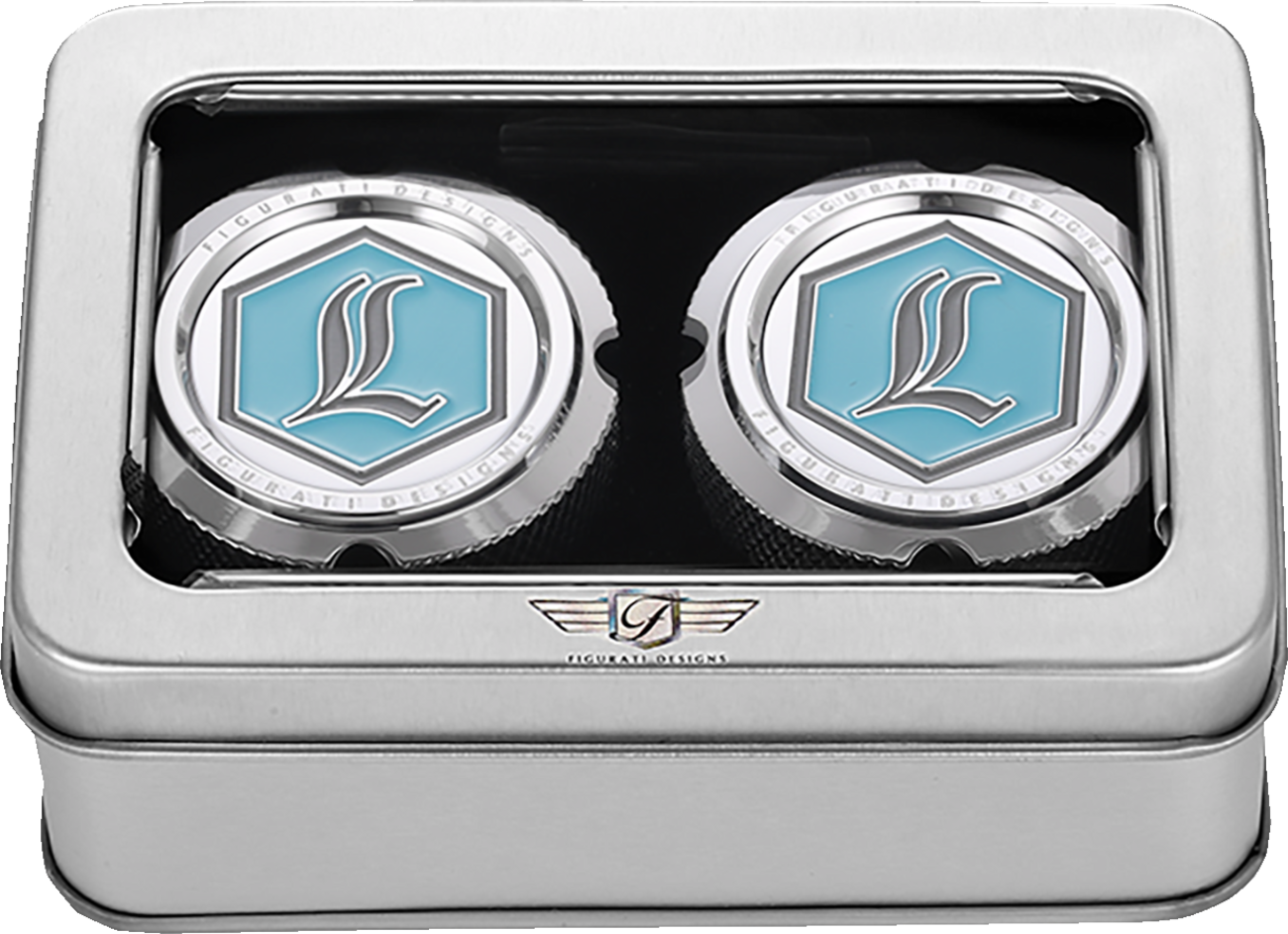 FIGURATI DESIGNS Axle Nut Cover - Front Stainless Steel with Legends Suspension Logo - Model FD02-FAC-SS