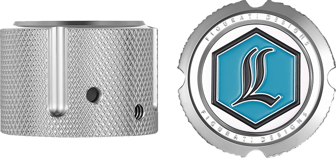 FIGURATI DESIGNS Axle Nut Cover - Front Stainless Steel with Legends Suspension Logo - Model FD02-FAC-SS