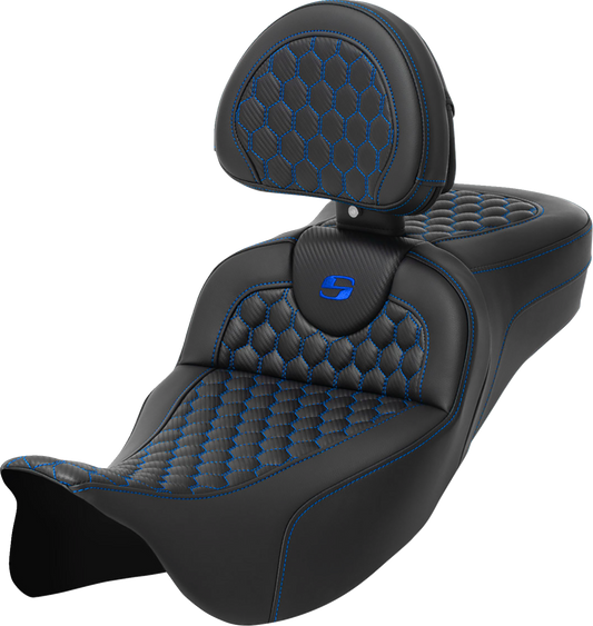 SADDLEMEN RoadSofa™ Seat - Honeycomb - Blue Stitch - with Backrest - Extended Reach - FLH/FLT '08-'24 808-07B-190B1