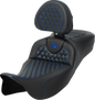 SADDLEMEN RoadSofa™ Seat - Honeycomb - Blue Stitch - with Backrest - Extended Reach - FLH/FLT '08-'24 808-07B-190B1