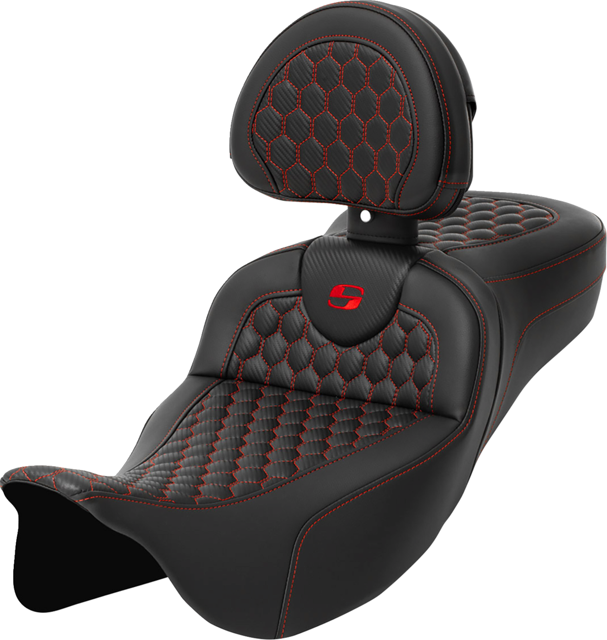 SADDLEMEN RoadSofa™ Seat - Honeycomb - Red Stitch - with Backrest - Extended Reach - FLH/FLT '08-'24 808-07B-190B4