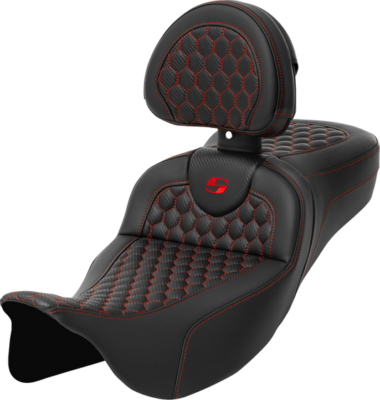 SADDLEMEN RoadSofa™ Seat - Honeycomb - Red Stitch - with Backrest - Extended Reach - FLH/FLT '08-'24 808-07B-190B4