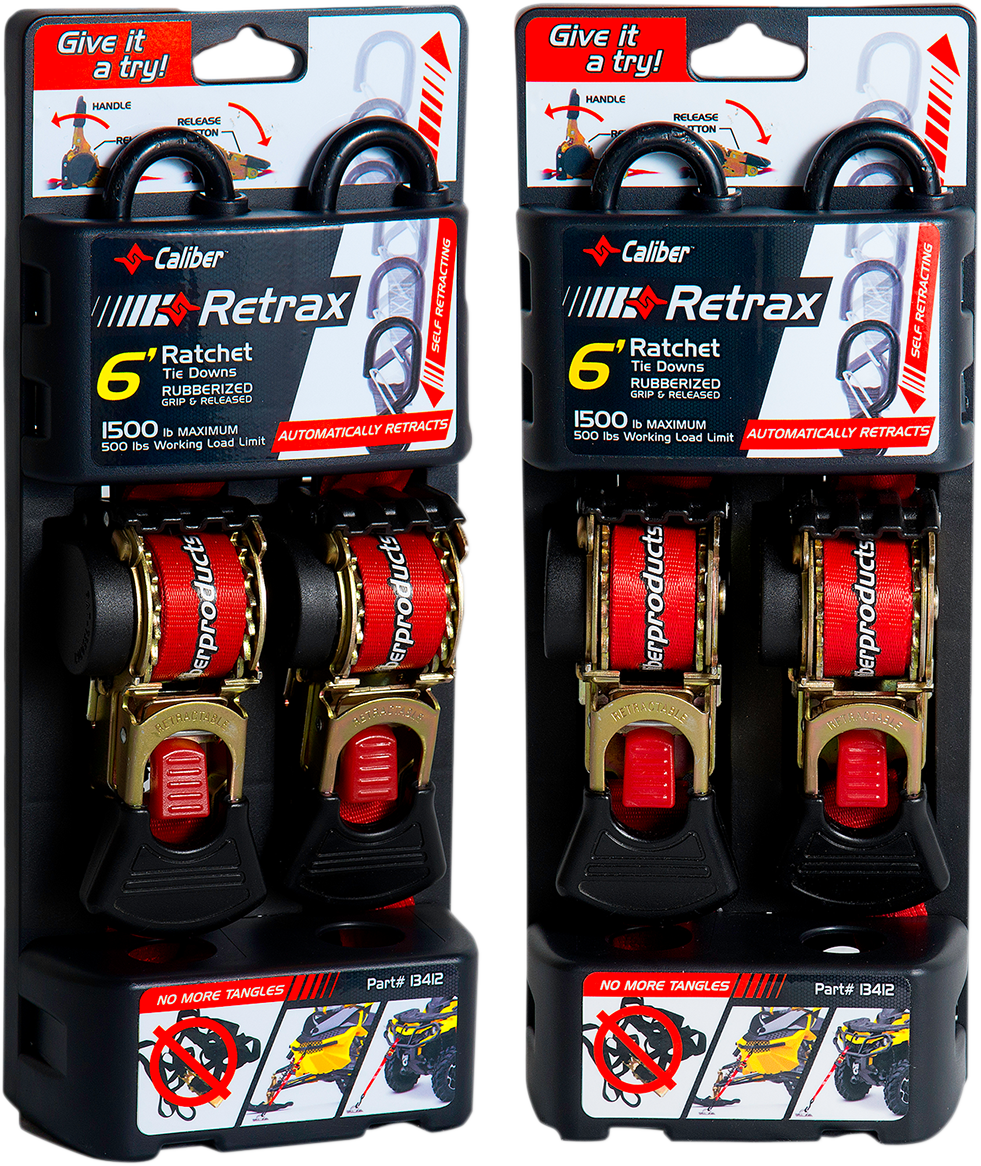 Caliber Retrax 6' Self-Rewind Tie Down Strap with 2” Hook and Spring Clip - Heavy Duty 1500 lb Capacity