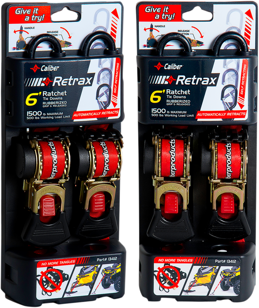 Caliber Retrax 6' Self-Rewind Tie Down Strap with 2” Hook and Spring Clip - Heavy Duty 1500 lb Capacity