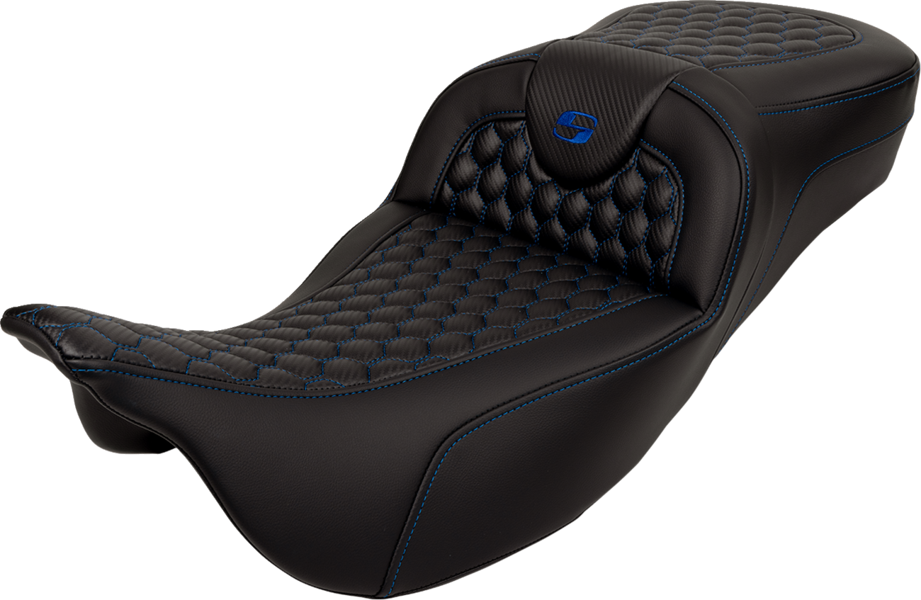 SADDLEMEN RoadSofa™ Seat - Honeycomb - Blue Stitch - Extended Reach - without Backrest - FLH/FLT '08-'24 808-07B-19001