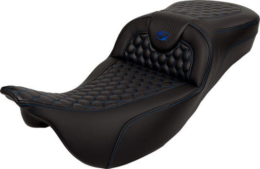 SADDLEMEN RoadSofa™ Seat - Honeycomb - Blue Stitch - Extended Reach - without Backrest - FLH/FLT '08-'24 808-07B-19001