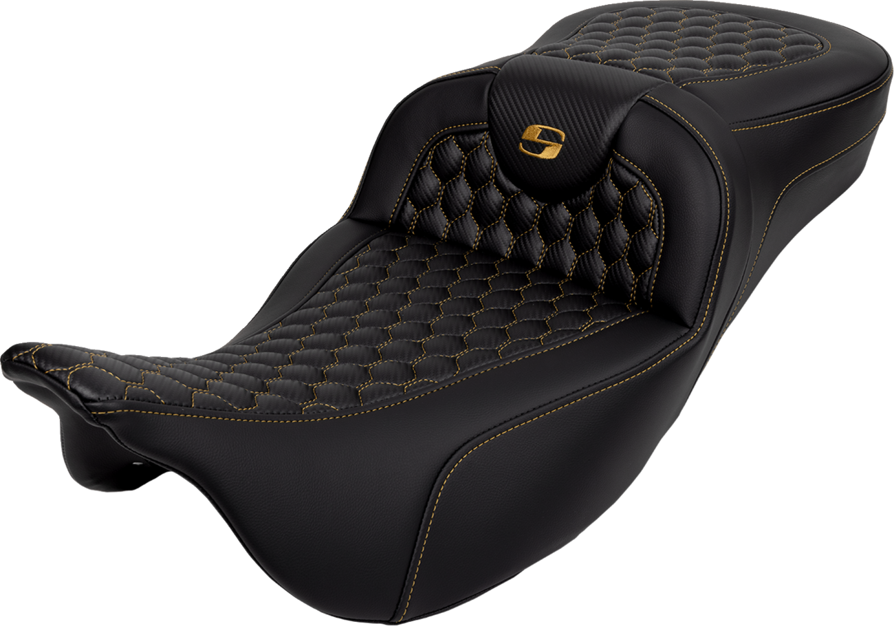 SADDLEMEN RoadSofa™ Seat - Honeycomb - Gold Stitch - Extended Reach - without Backrest - FLH/FLT '08-'24 808-07B-19007