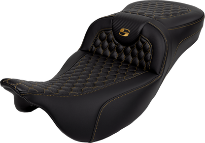 SADDLEMEN RoadSofa™ Seat - Honeycomb - Gold Stitch - Extended Reach - without Backrest - FLH/FLT '08-'24 808-07B-19007