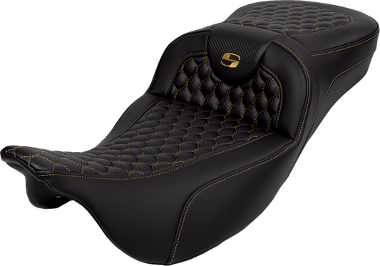 SADDLEMEN RoadSofa™ Seat - Honeycomb - Gold Stitch - Extended Reach - without Backrest - FLH/FLT '08-'24 808-07B-19007
