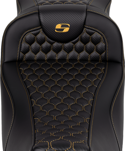 SADDLEMEN RoadSofa™ Seat - Honeycomb - Gold Stitch - Extended Reach - without Backrest - FLH/FLT '08-'24 808-07B-19007