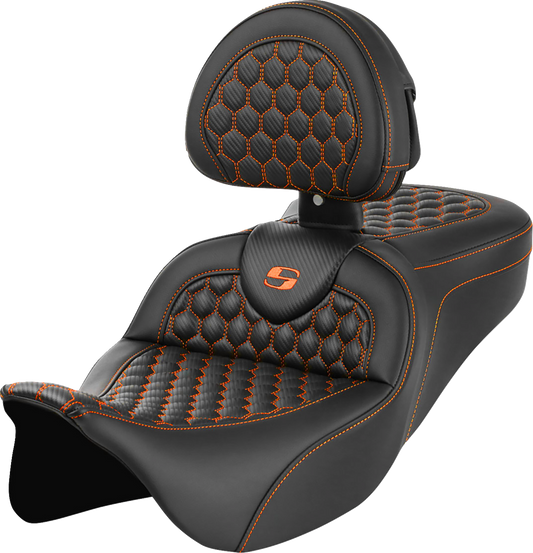SADDLEMEN RoadSofa™ Seat - Honeycomb - Orange Stitch - with Backrest - FLH/FLT '08-'23 808-07B-189B3