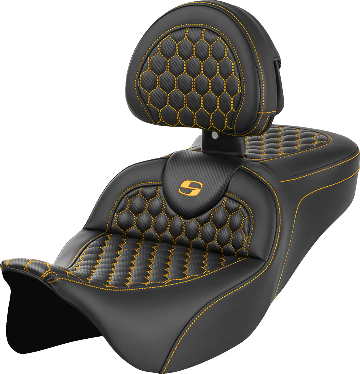 SADDLEMEN RoadSofa™ Seat - Honeycomb - Gold Stitch - with Backrest - FLH/FLT '08-'23 808-07B-189B7