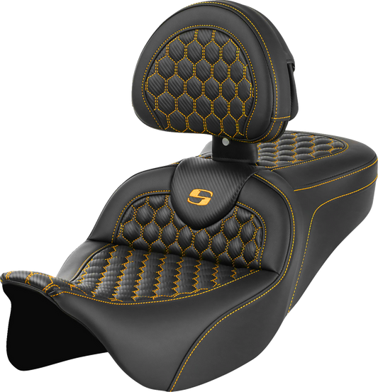 SADDLEMEN RoadSofa™ Seat - Honeycomb - Gold Stitch - with Backrest - FLH/FLT '08-'23 808-07B-189B7