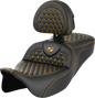 SADDLEMEN RoadSofa™ Seat - Honeycomb - Gold Stitch - with Backrest - FLH/FLT '08-'23 808-07B-189B7