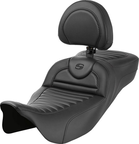 SADDLEMEN Roadsofa™ Extended Reach Seat - with Backrest - Tuck-n-Roll - Carbon Fiber - FLH/FLT '08-'24 808-07B-205B0