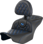 SADDLEMEN RoadSofa™ Seat - with Backrest - Lattice Stitch - Blue Stitch - FLTR/FLHX '23-'24 823-07-182B1