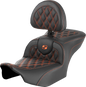 SADDLEMEN RoadSofa™ Seat - with Backrest - Lattice Stitch - Orange Stitch - FLTR/FLHX '23-'24 823-07-182B3