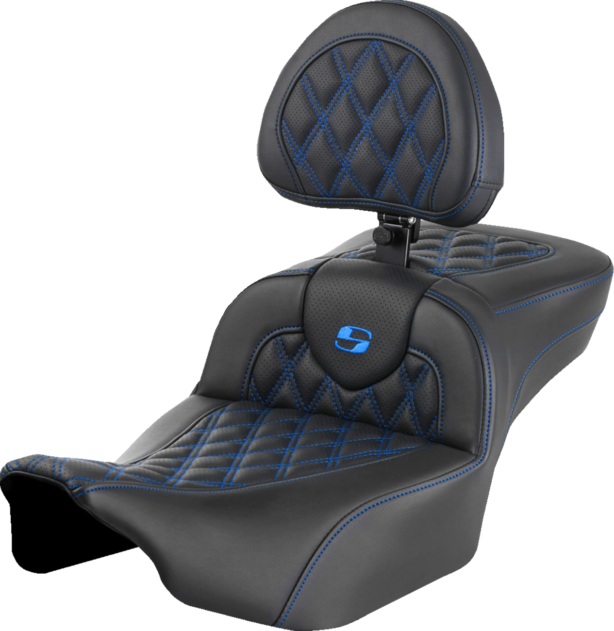 SADDLEMEN Roadsofa™ Extended Reach Seat - with Backrest - Lattice Stitch - Blue Stitch - FLTR/FLHX '23-'24 823-07-184B1