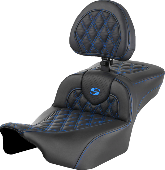 SADDLEMEN Roadsofa™ Extended Reach Seat - with Backrest - Lattice Stitch - Blue Stitch - FLTR/FLHX '23-'24 823-07-184B1