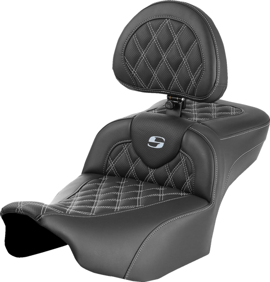 SADDLEMEN Roadsofa™ Extended Reach Seat - with Backrest - Lattice Stitch - Silver Stitch - FLTR/FLHX '23-'24 823-07-184B5